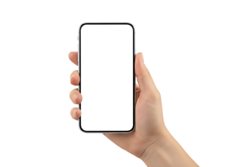 Close-up of a hand holding a modern smartphone with a blank white screen, isolated on a clean background for digital concepts and design
