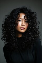 Fototapeta premium Images of healthy, curly hair with defined, shiny waves are ideal for advertising hair care products for curly hair, shampoos, treatments, and hair care brands.