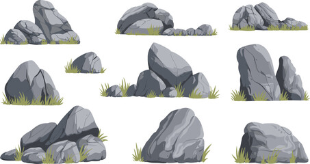 Rock formations illustration set, natural stone boulders with grass, landscape design elements, game assets, nature environment vector collection