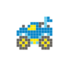 A flat pixel design made of geometric square color blocks on a clean icon layout. Pixel art monster truck © Adpragus