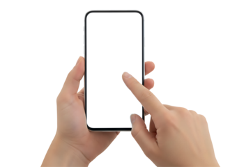 Human hands interacting with a modern smartphone, showcasing a blank white screen for custom content display, isolated on a white background