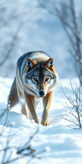Majestic grey wolf in snowy wilderness, stalking through deep snow,  grey wolf,  forest