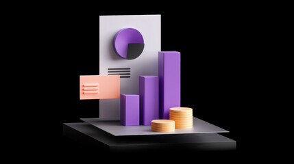 Abstract 3D composition of colorful financial charts with geometric shapes showcasing market trends and statistical data analysis in a modern design