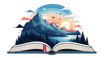 Fototapeta premium An open book unfolds into a vibrant landscape with mountains, a lake, and a rainbow at sunset.
