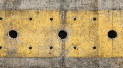 Overhead View of Yellow Concrete Drainage Cover with Holes on Textured Gray Surface in Sunlight