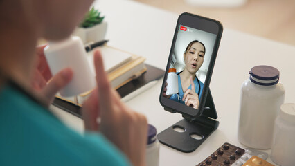Asia woman people anti aging expert modern health care vlogger live advice talk selfie video mobile phone camera. Online retail diet weight loss digital virtual asian filming vitamin c pill drug store