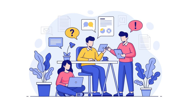 A diverse team of three people collaborating on a project, using laptops and tablets in a modern office setting with plants and documents. - Powered by Adobe