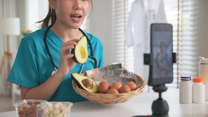 Asia woman people anti aging expert modern health care vlogger live advice talk selfie video mobile...