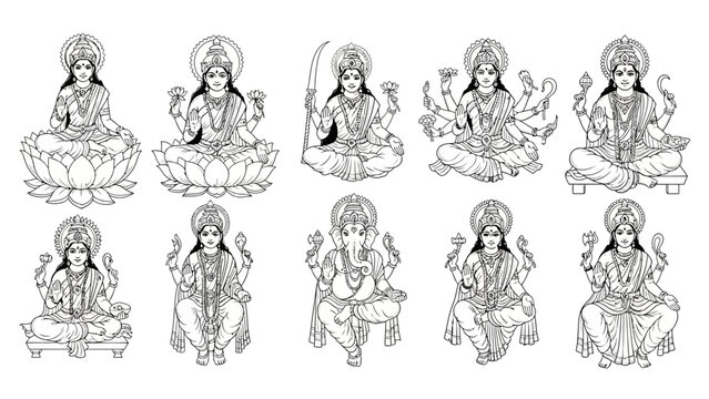 Harmonious collection of traditional Hindu deities line art illustrations, featuring various gods and goddesses in serene poses, ideal for spiritual and cultural design