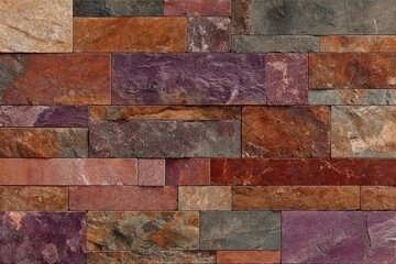 Rust Colored Stone Wall Texture with Rectangular Bricks in Varying Shades of Brown Orange Gray and Purple for a Rustic Background