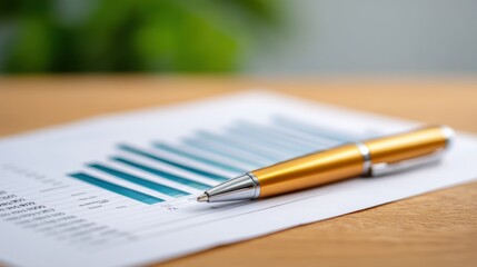 Business report with bar graph and pen on wooden desk showing financial data and growth trends in a modern office environment