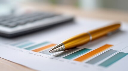 Close-up of a golden pen resting on a colorful bar graph and a calculator in a modern office setting, showcasing financial analysis and data visualization