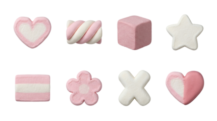 Pink and White Marshmallow Candy Set featuring Heart Star Twist Cube and Flower Shapes Isolated