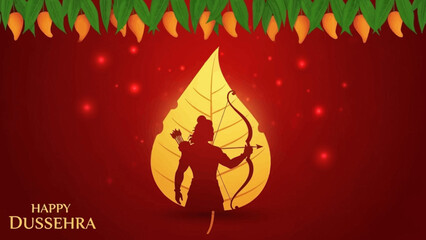 Happy Dussehra greeting card with Lord Rama silhouette, golden leaf, and mango leaves on a sparkling red background.