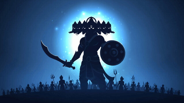 A powerful silhouette of a multi-headed mythological warrior holding a sword and shield, standing before a bright moon with an army below, in a blue-toned epic scene.