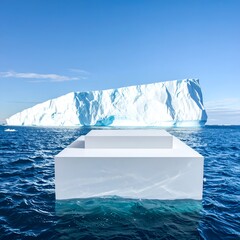 White geometric forms float in a clear blue sea near a colossal iceberg
