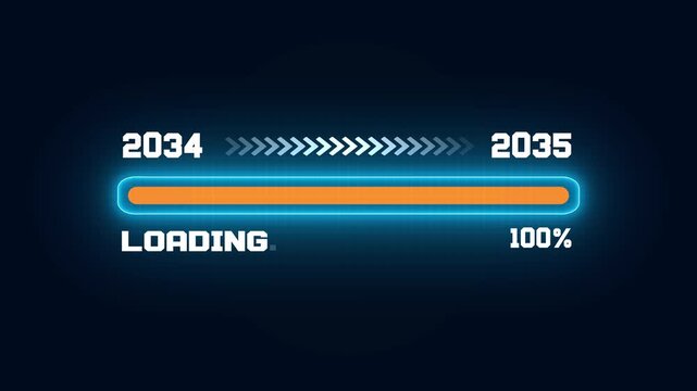 Modern loading bar animation from year 2034 to 2035, digital progress status interface with percentage and film strip border