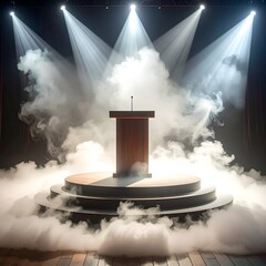 Wooden podium on stage, highlighted by spotlights and engulfing fog