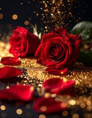 Romantic Red Roses with Golden Glitter - A Valentines Day Delight.