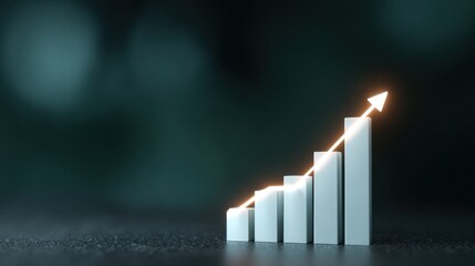 Concept of growth progress shown through ascending bars with glowing line indicating upward trend in business performance and success visualization