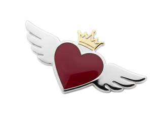 Emblem of a crowned heart with wings, symbolizing love, royalty, and aspiration, isolated on white