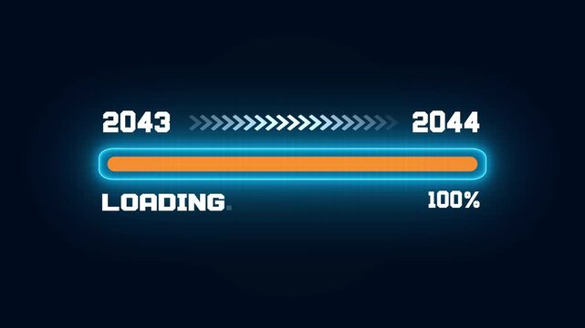 Futuristic film strip frame with year 2043 to 2044 transition, loading progress bar animation with percentage indicator