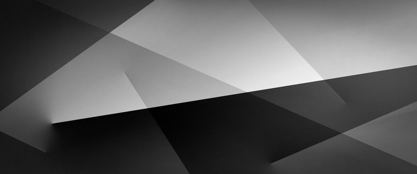 Monochrome geometric background with translucent intersecting shapes and a soft textured surface. The composition builds depth through gradients from light grey to white. Wide panoramic banner