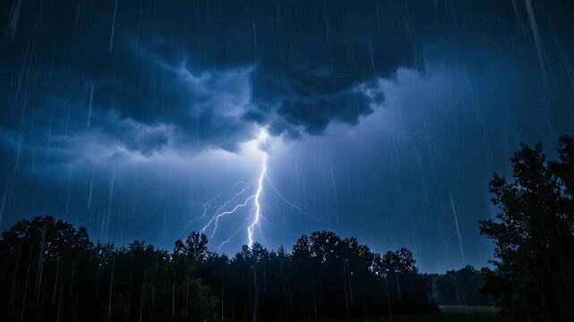 Dramatic Lightning Strike Over Dark Storm Clouds in Nature