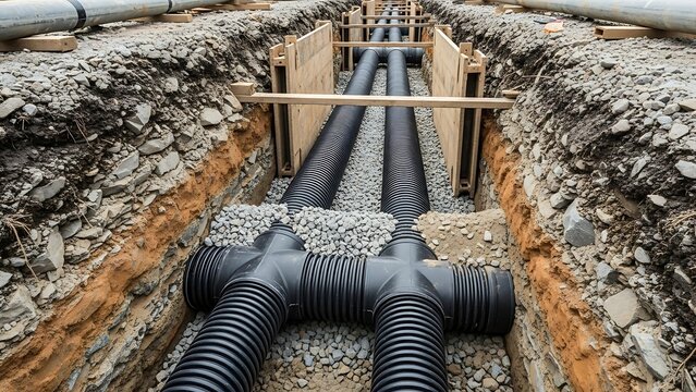 A neatly laid trench showcases two parallel corrugated pipes and a junction during underground drainage installation.