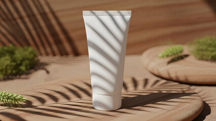 White cosmetic tube on wooden surface with leaf shadows and plants around