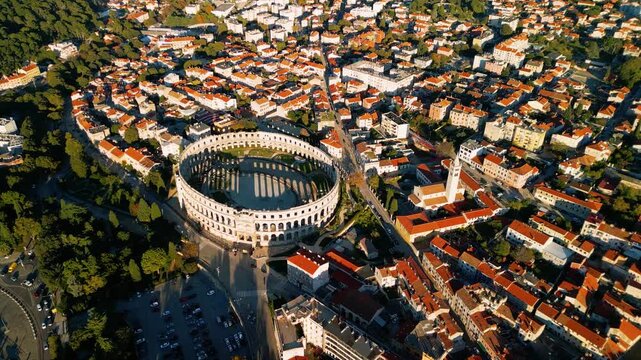 Pula Colosseum Amphitheater in Croatia - Aerial Drone View
