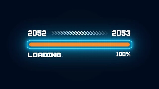 Digital progress bar showing transition from year 2052 to 2053, futuristic loading status interface with percentage and film frame