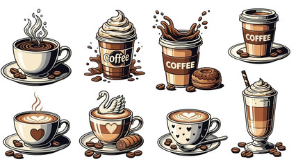 A collection of eight distinct coffee drinks, showcasing various preparations and artistic latte art.