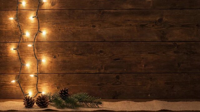 Cozy holiday decorations with string lights, pine cones, and evergreen branches on rustic wooden background