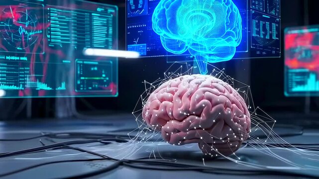 research lab scene with realistic brain model and luminous neural network overlays floating above table. analytical monitors show circuitry, connectome mapping, simulation data