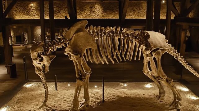 A striking mammoth skeleton displayed in a dimly lit museum.