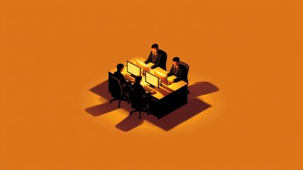 Three Business Professionals Focused on Computer Screens in Modern Office Environment with Orange Background and Dramatic Lighting Effects