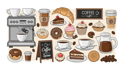 A vibrant collection of coffee shop items including an espresso machine, cups, pastries, donuts, cakes, and a coffee pot.