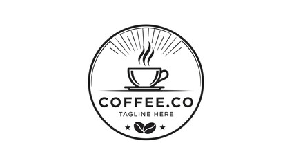 A minimalist black and white circular logo featuring a steaming coffee cup above the text "COFFEE.CO" and two coffee beans.