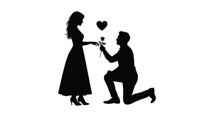 A romantic proposal scene depicting a kneeling man offering a rose to a woman silhouette