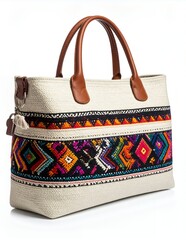 Stylish Embroidered Tote Bag with Leather Handles on White Background.