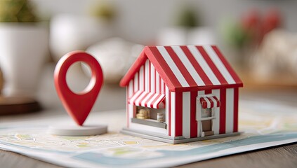 Miniature shop and red location pin on a map, representing business