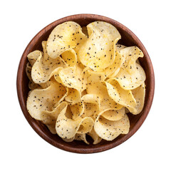Top view of a delicious looking black pepper potato wafer in a wooden bowl isolated on a white transparent background