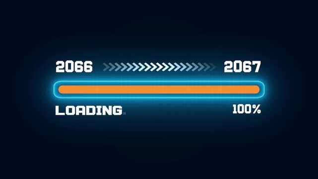Futuristic film strip frame with year 2066 to 2067 transition, loading progress bar animation with percentage indicator