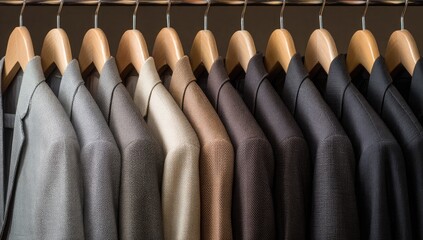 A line of tailored jackets in various neutral colors hanging on wooden hangers