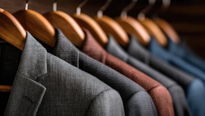 A row of tailored jackets on wooden hangers in a closet