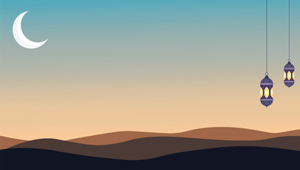 Desert Night with Crescent Moon and Lanterns for Eid, Ramadan and Islamic design. 