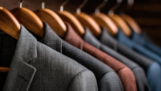 A row of tailored jackets on wooden hangers in a closet