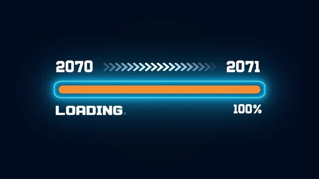 Futuristic transition from year 2070 to 2071 with loading bar, technical data processing screen for future time and history