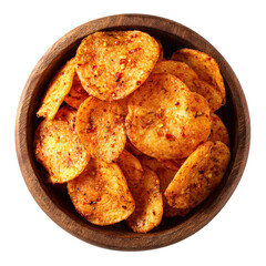 Top view of a delicious looking spicy chili potato wafer in a wooden bowl isolated on a white transparent background